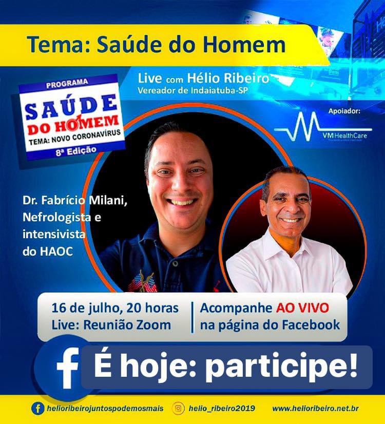 Nossa live de hoje é com o Dr Fabrício e dentro da semana “Saúde do Homem”, que realizo há 8 anos. O tema não poderia ser outro: Homem e Coronavírus.